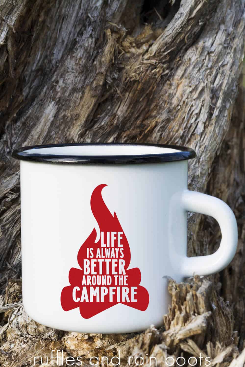 Vertical image of a white enamel mug with black rim in front of a stump with red campfire SVG.