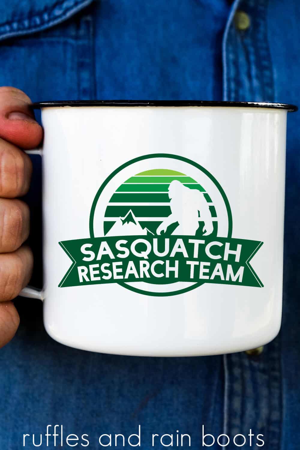 Man in denim shirt holding a white enamel mug with black rim and green permanent vinyl with Sasquatch research team SVG.