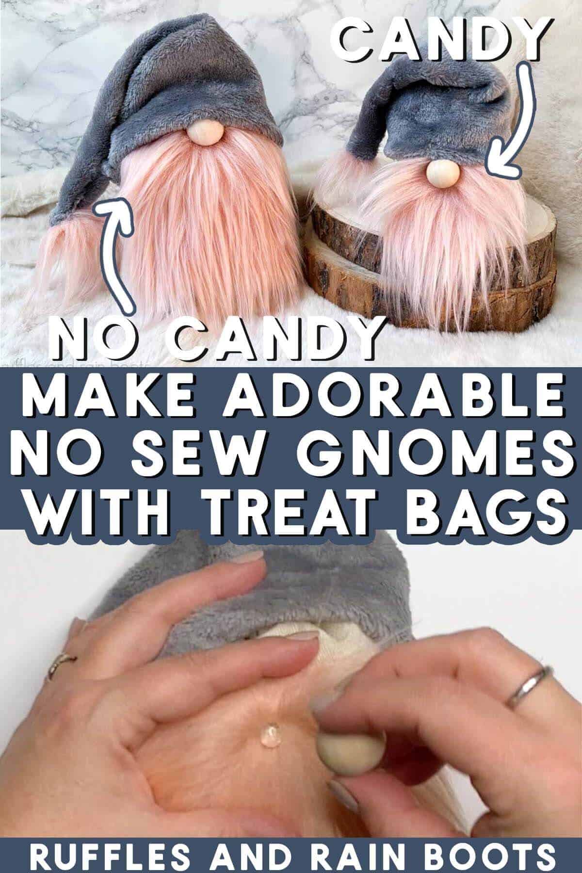 Vertical split image collage showing two gnomes with gray hats and pink beards on top of crafter add glue and wood bead to gnome.