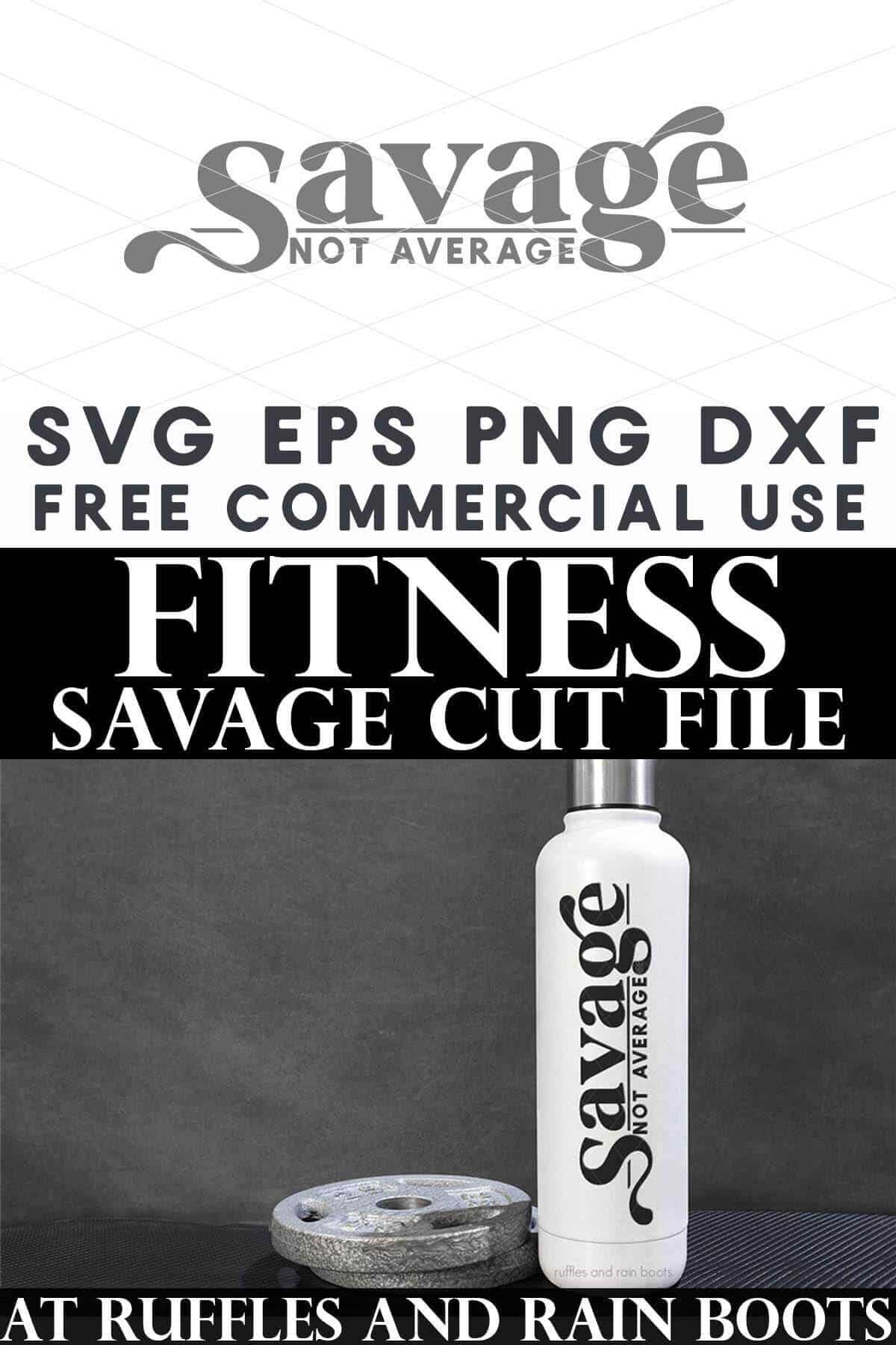 Split image showing a black background with weight and white water bottle which reads savage not average.