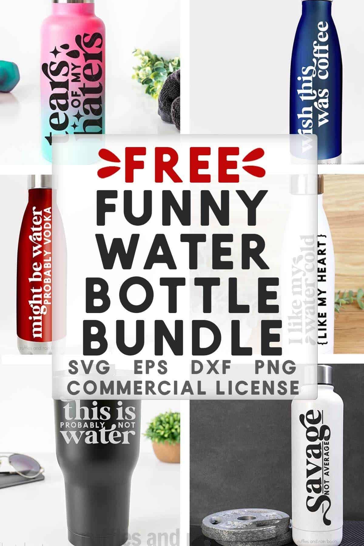 Six image collage of bottles with text overlay which reads free funny water bottle bundle.