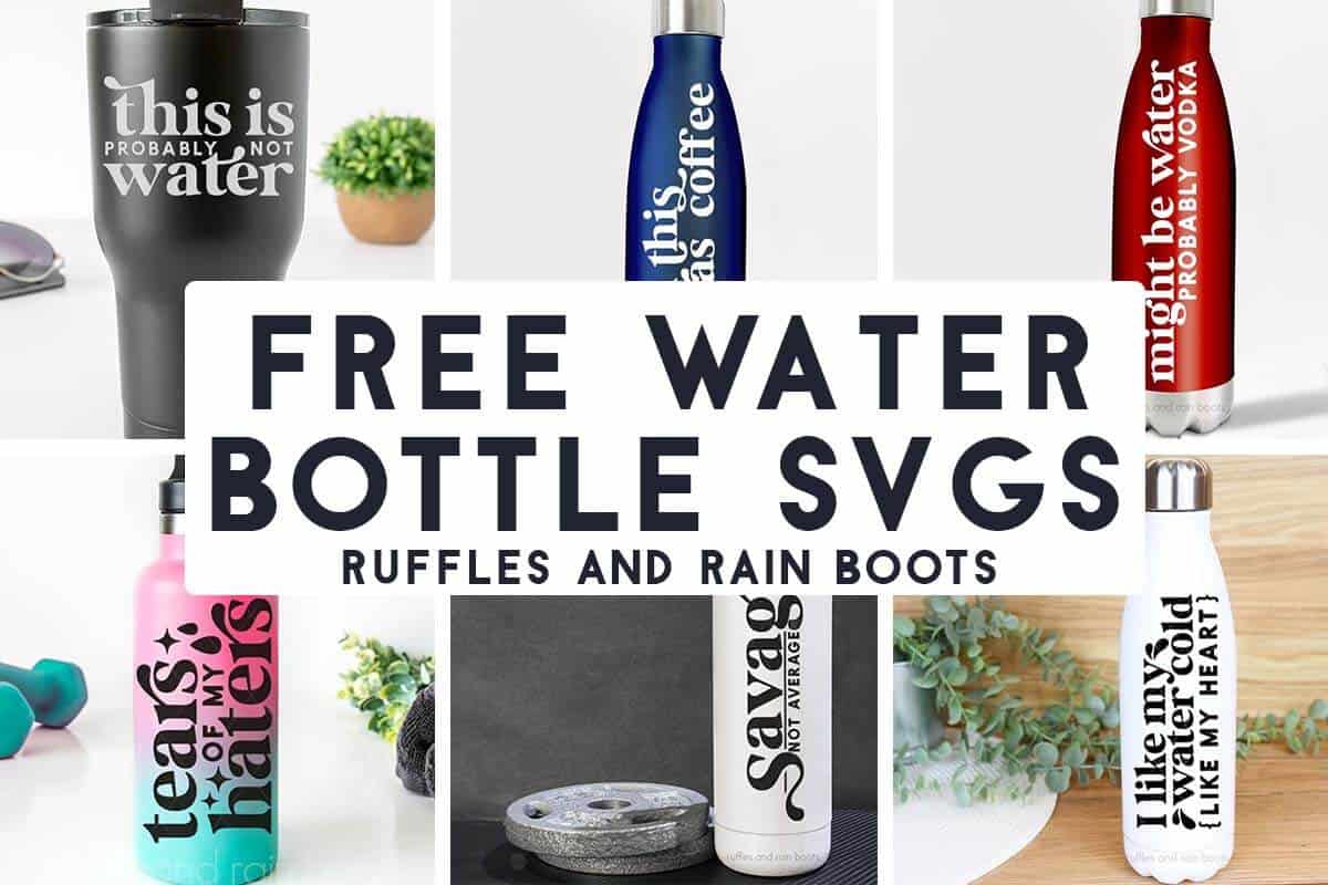 Horizontal image of 6 pictures of water bottles with vinyl with text overlay which reads free water bottle svgs.