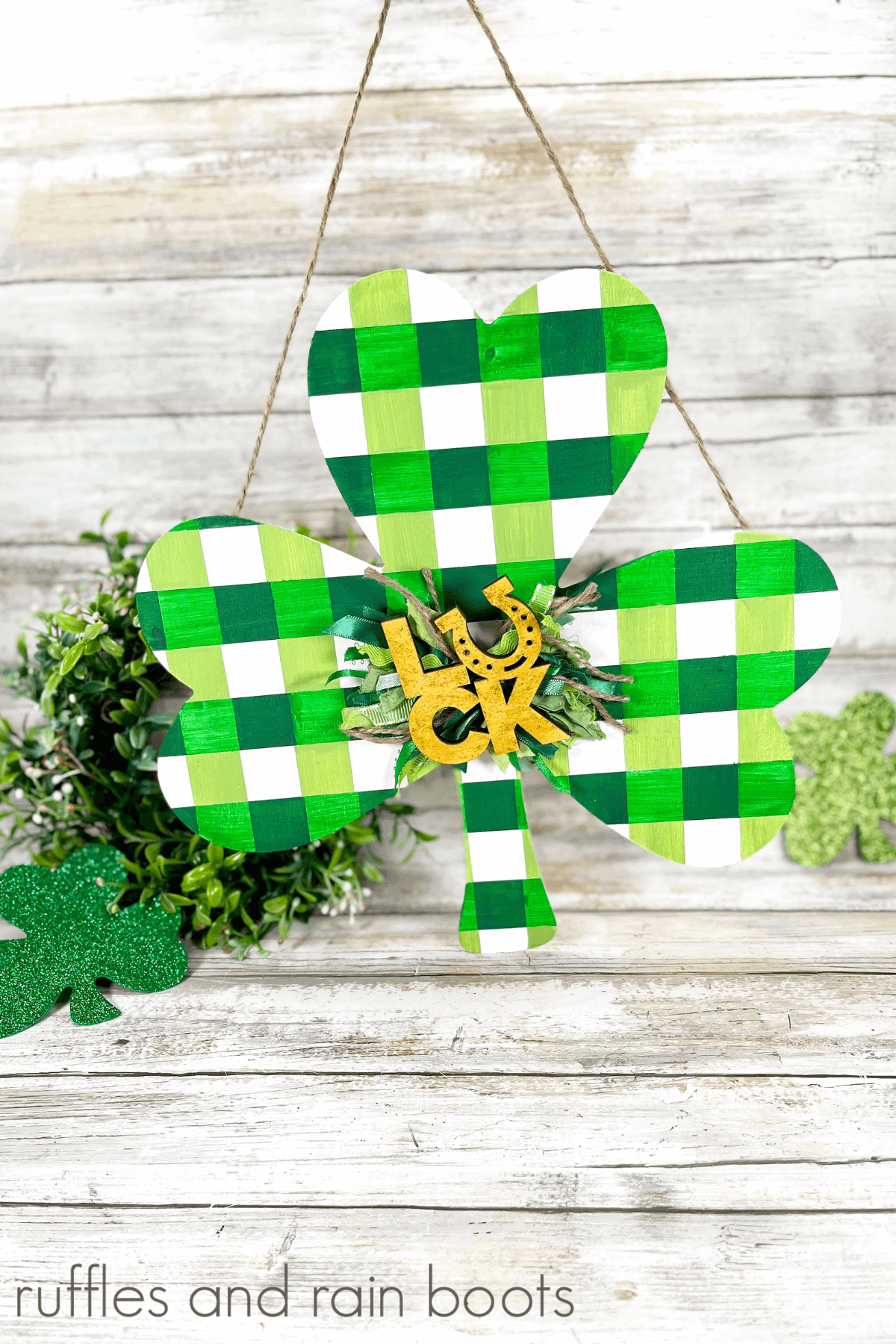 Buffalo Plaid Wooden Shamrock Sign Ruffles and Rain Boots