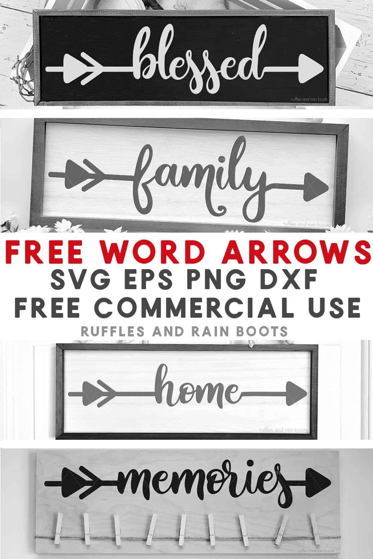 Four image black and white collage of farmhouse signs made with free word arrows SVG.
