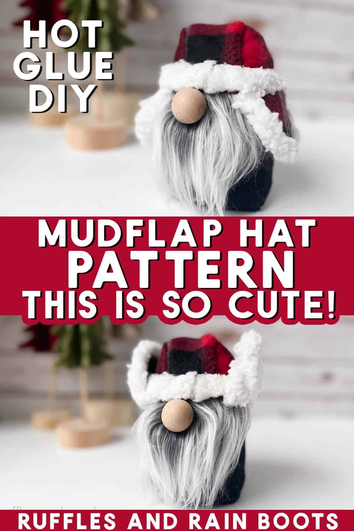 Stacked vertical image of sock gnome with earflap hat from fleece with mudflap hat pattern text.