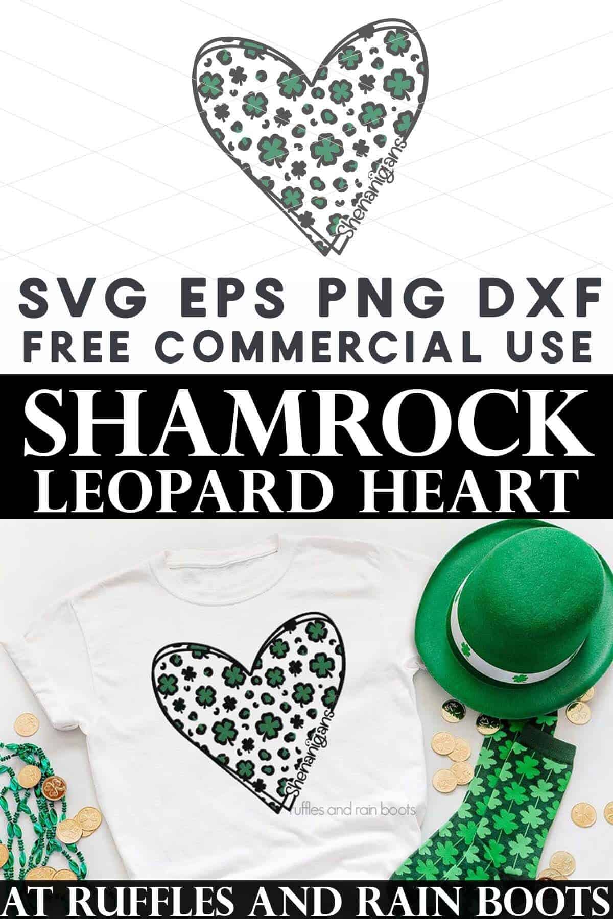 Split vertical image of a shamrock leopard heart SVG in black and green vinyl on white shirt for St Patrick's Day.
