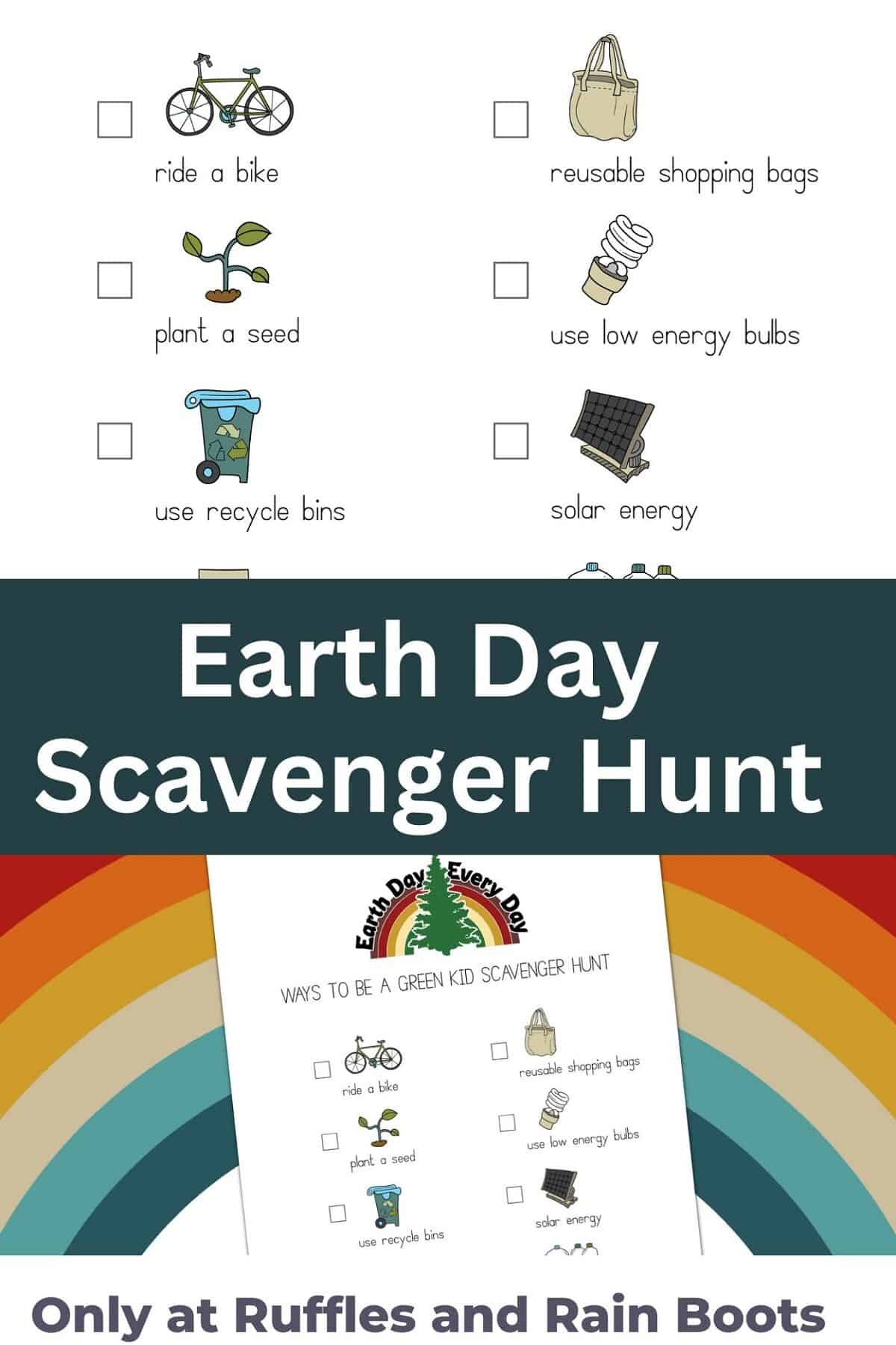 Double stacked image with the Earth Day Scavenger Hunt printable with a rainbow background on the bottom and the pictures of the items on the top.