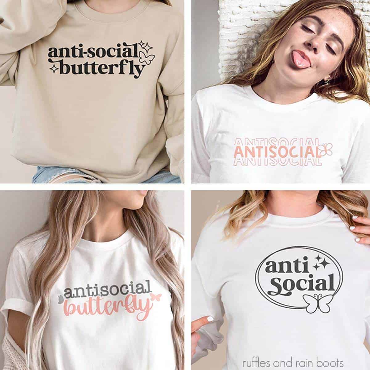 Square four image collage of women wearing shirts and sweatshirts which read antisocial butterfly.