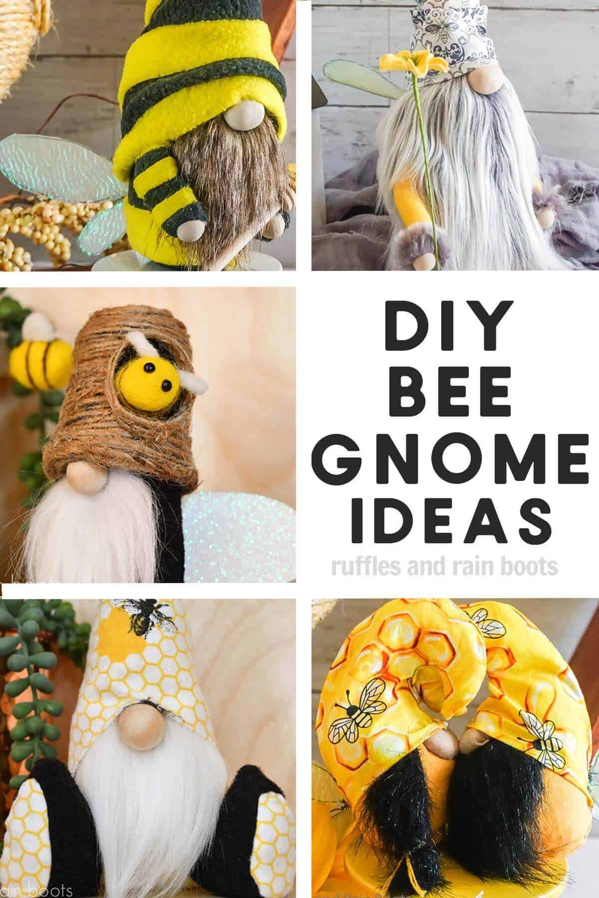 Five image vertical collage showing adorable bee gnomes with wings, bee skeps, and honey dippers.