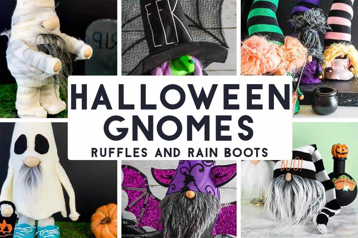 Horizontal six image collage of mummy, witch, bat, and ghost gnomes with text which reads Halloween gnomes.