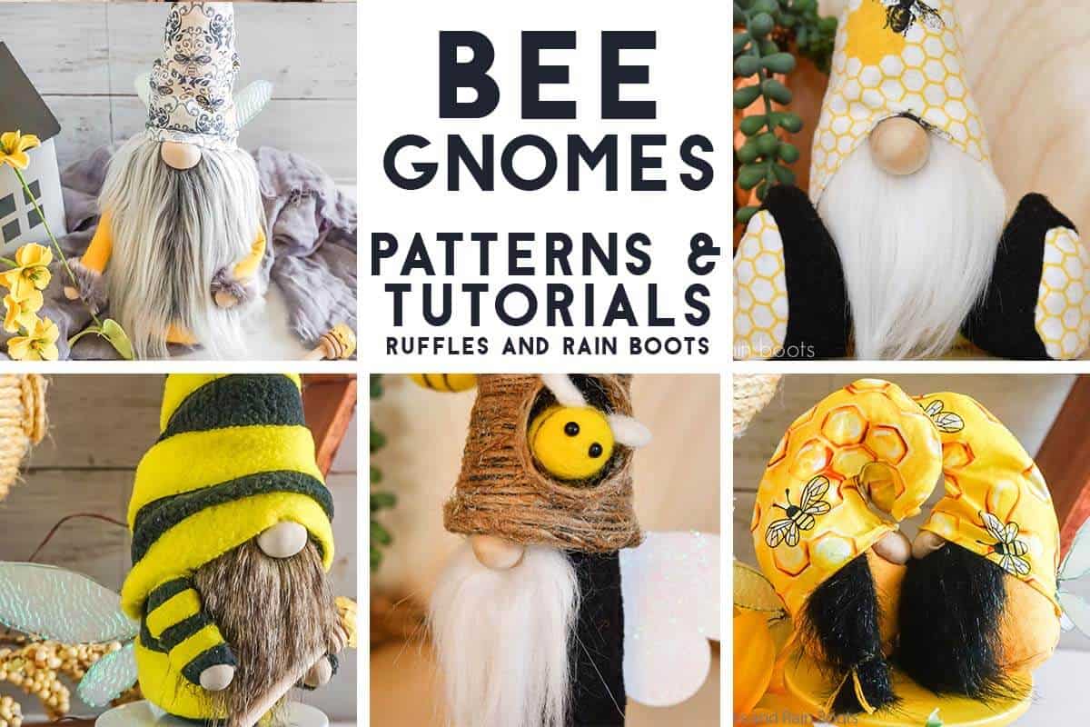Five image horizontal collage of DIY bee gnomes made with hot glue guns, sewing machines, and fun details.