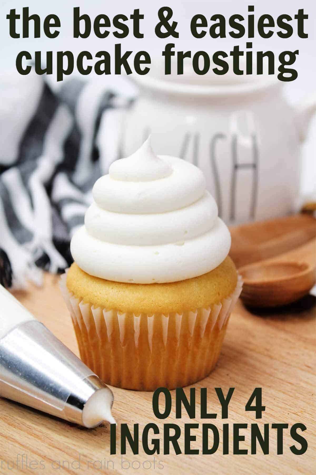 Vertical image of frosted vanilla cupcake, piping bag, and decorated background with text which reads the best and easiest cupcake frosting recipe.