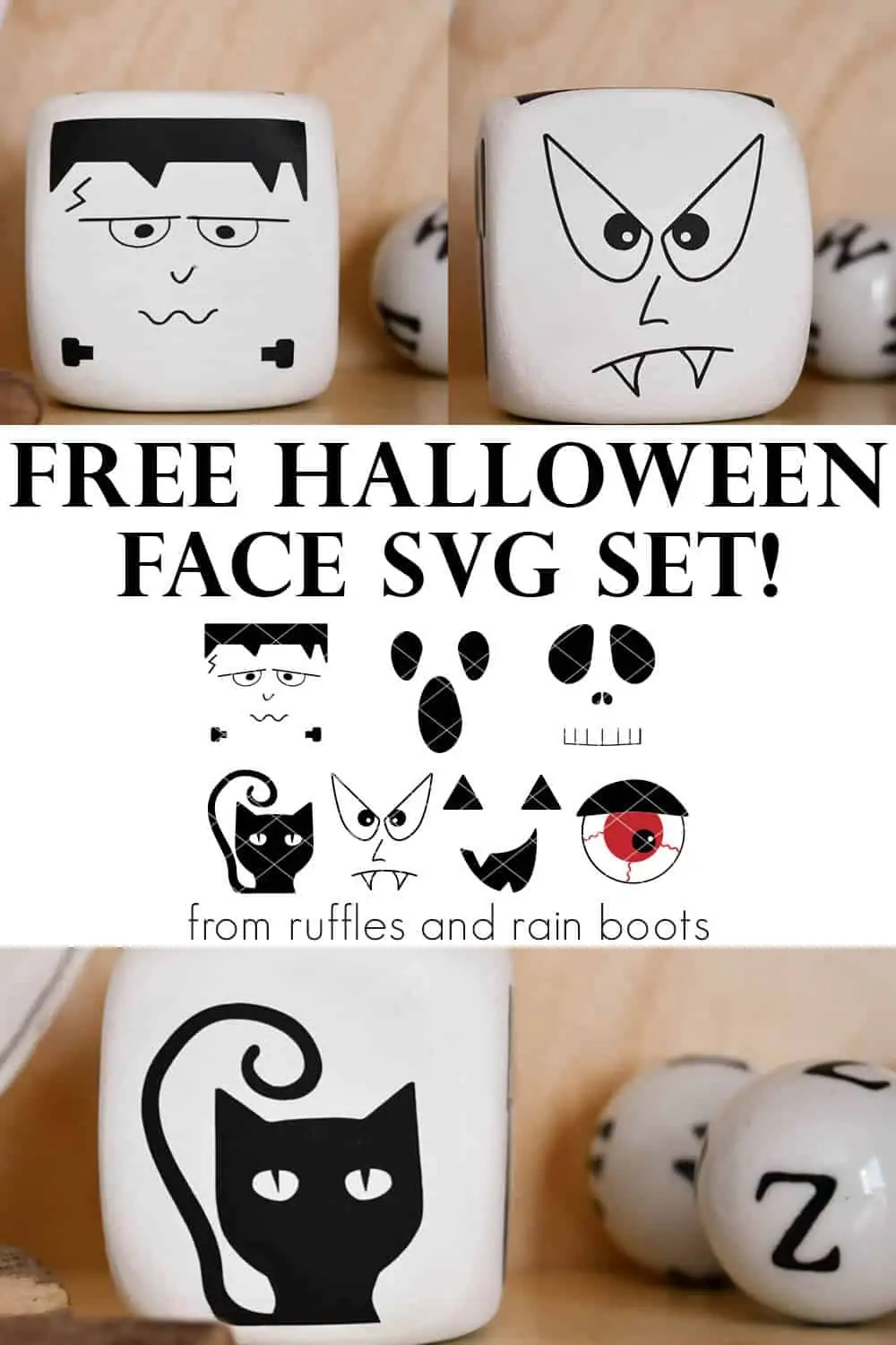 Four image collage of Halloween faces SVG free from Ruffles and Rain Boots.