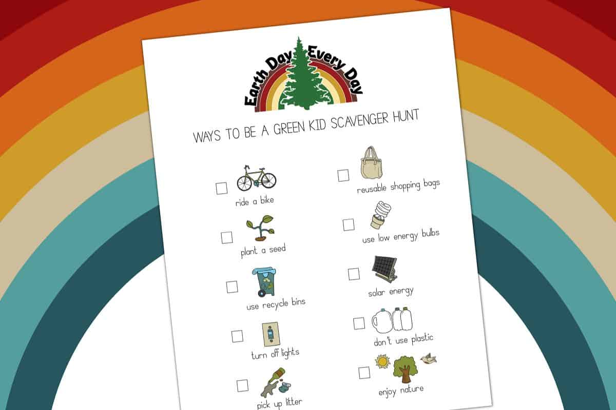 Horizontal Earth Day Scavenger Hunt printable with a rainbow background.