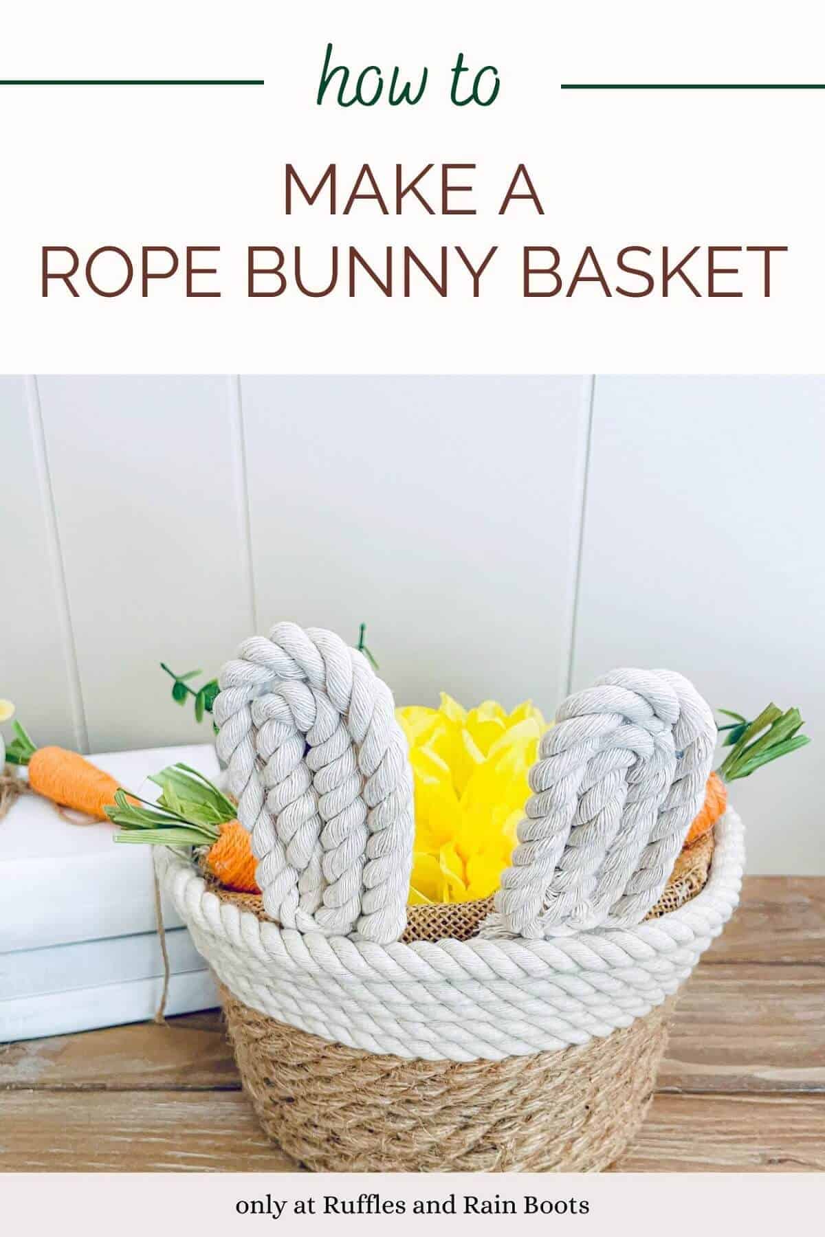 Farmhouse Rope Bunny Basket filled with yellow flowers and carrots with a white background next to white wooden books with carrots on it on a weathered wood surface.