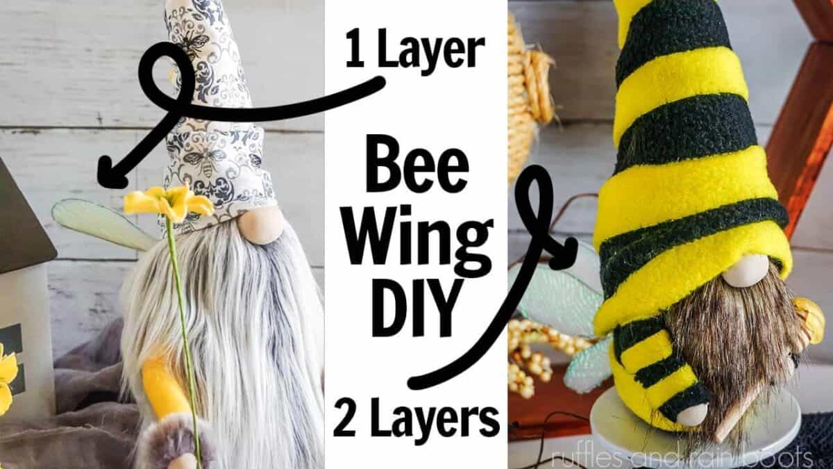 Horizontal split image collage with two different bee gnomes with text which reads how to make bee wings.
