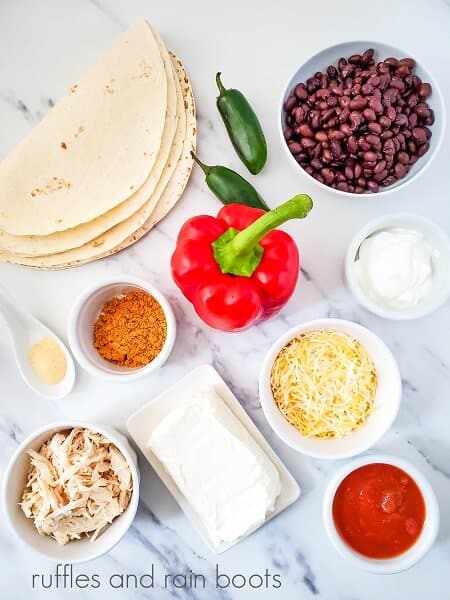 Overhead image of the ingredients for the Mexican Fiesta pinwheels sandwich recipe