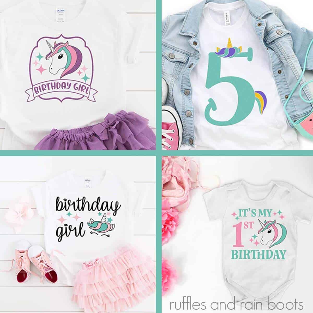 Four image square collage of unicorn birthday shirts and bodysuits.