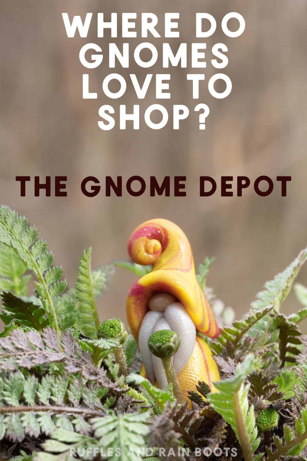 Vertical image of clay gnome on fern with gnome joke text.
