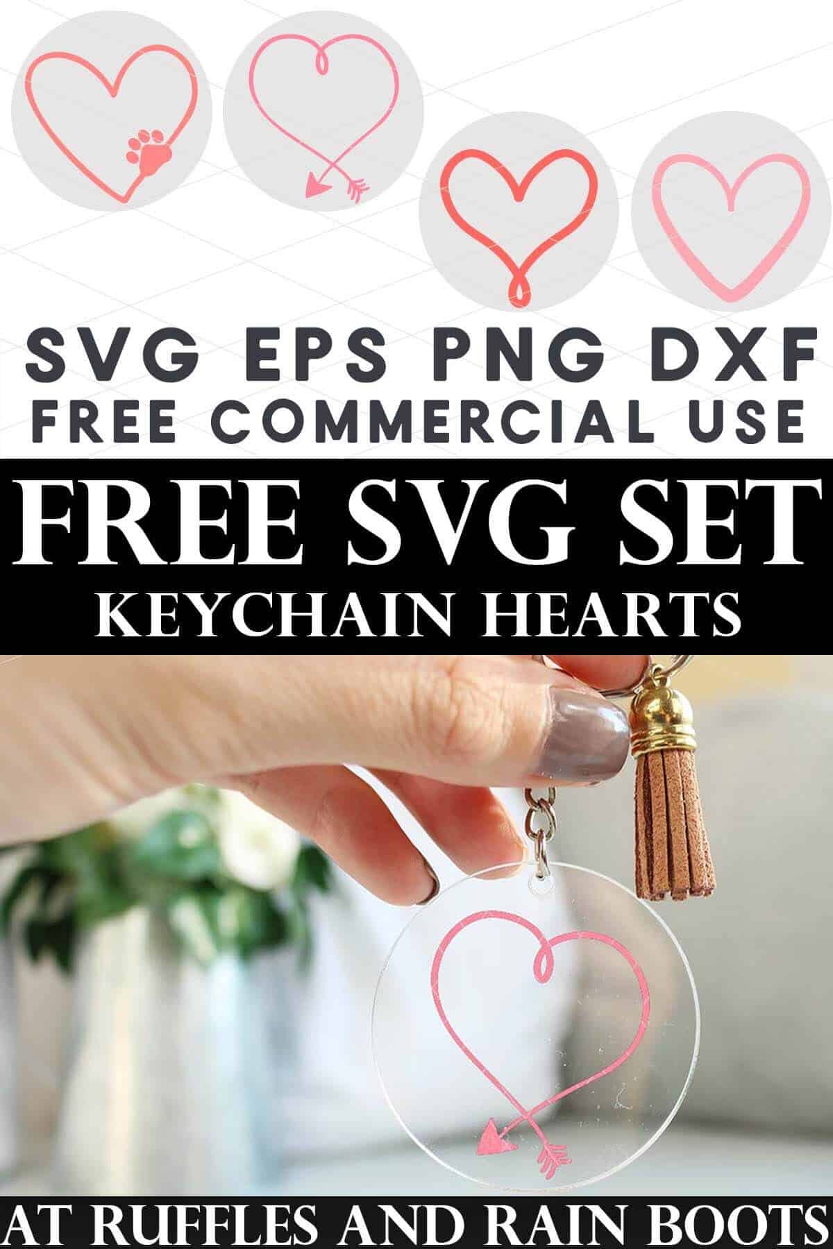 Vertical split image of four free heart keychain SVG designs and woman holding clear keychain.