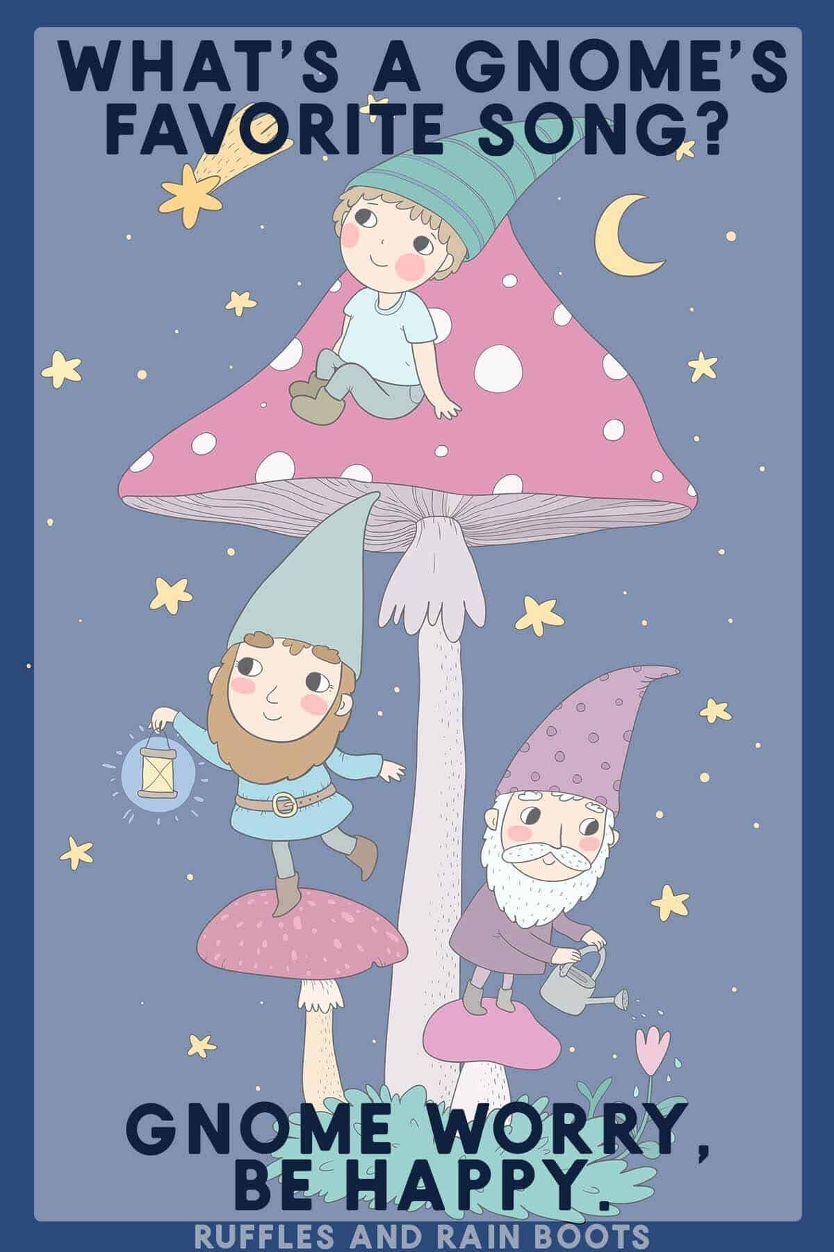 Vertical image of a gnome drawing with a gnome joke overlay.