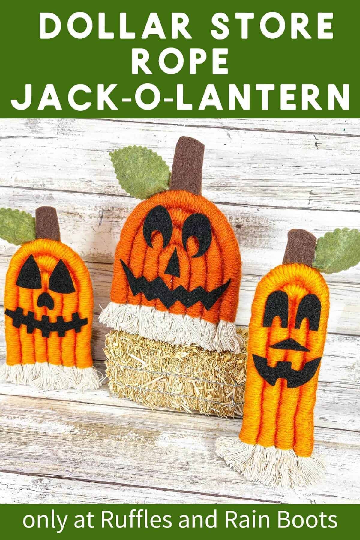 A front facing vertical image of a trio of rope jack-o-lanterns, the small one on the left and the tall one on the right with the middle one on tope of a small bale of hay against a white weathered wood background.