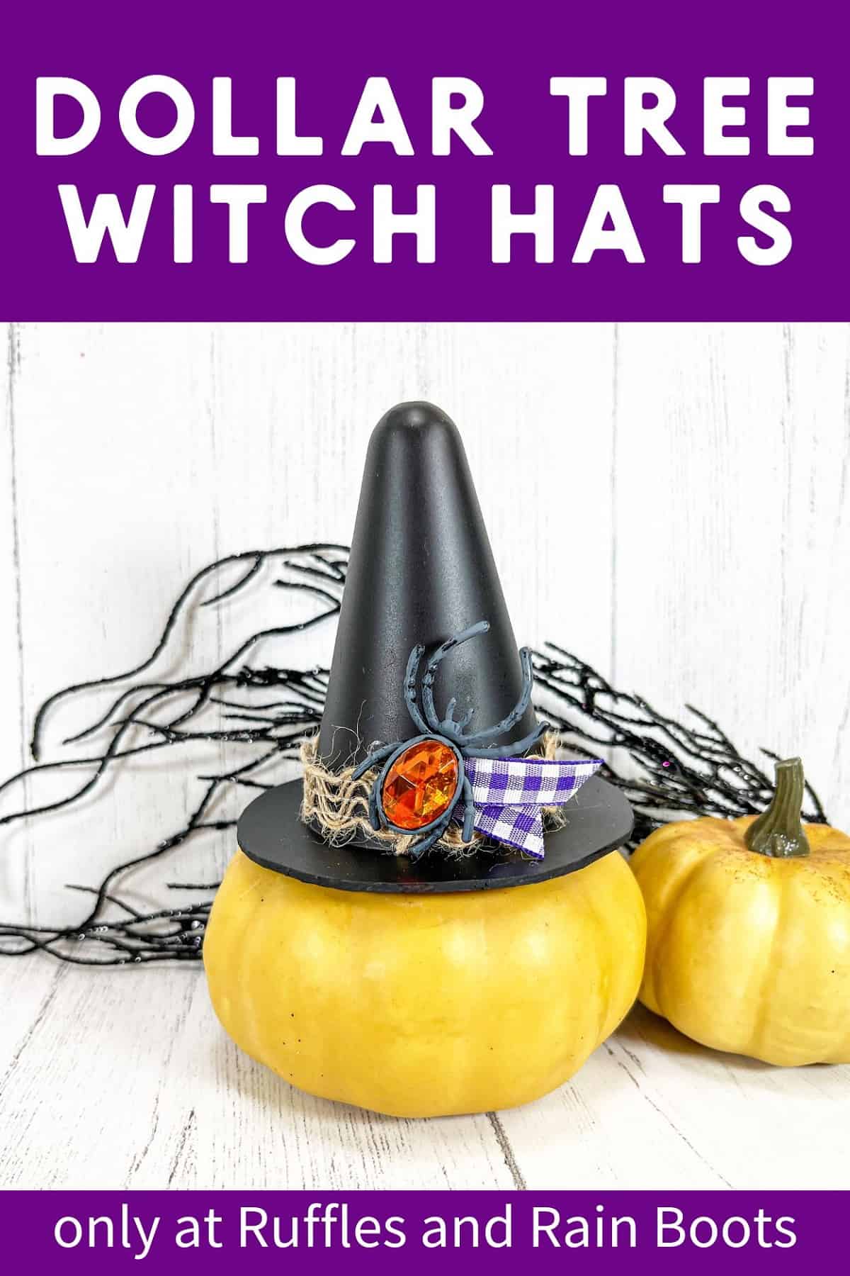A witch's hat on a yellow gourd, next to a yellow gourd against a white weathered wood background.