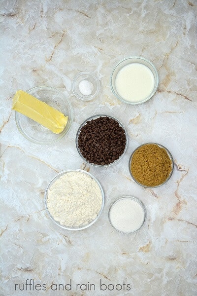 The ingredients for the edible cookie dough against a marble backgroud