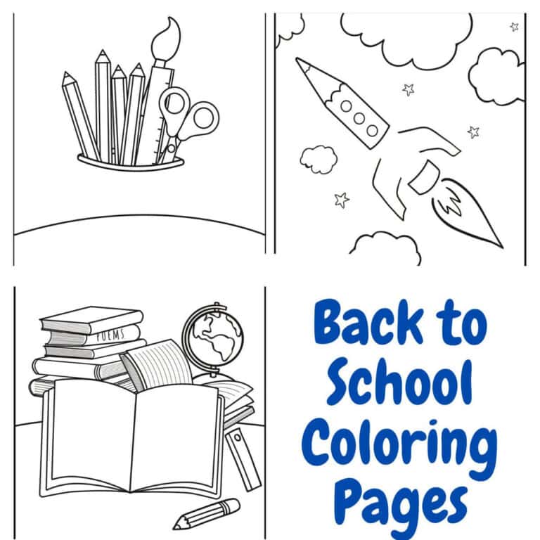 3D back to school coloring pages of a rocket ship, books and craft supplies.