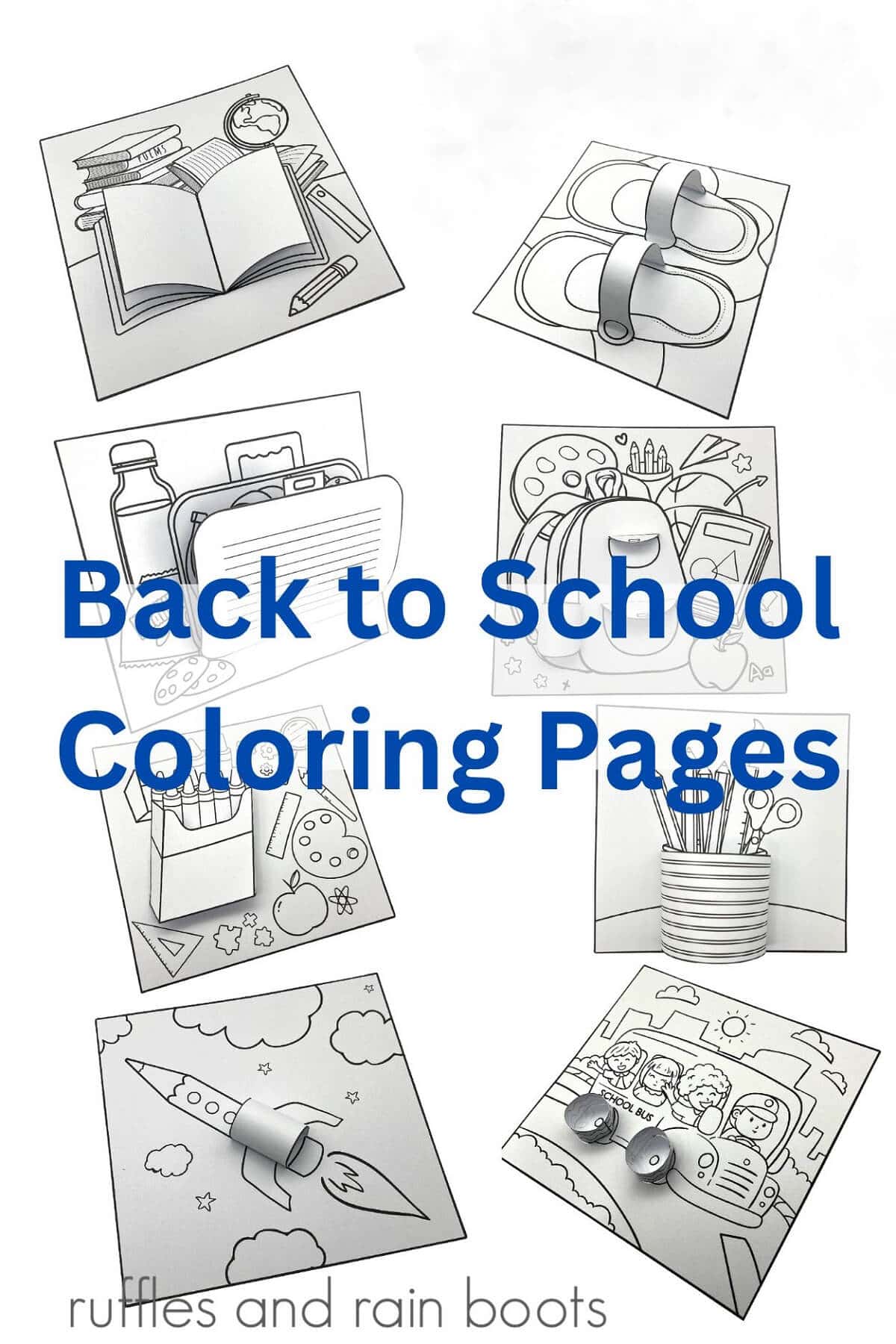 3D back to school coloring pages like a bus, rocket ship, lunch box and craft supplies.