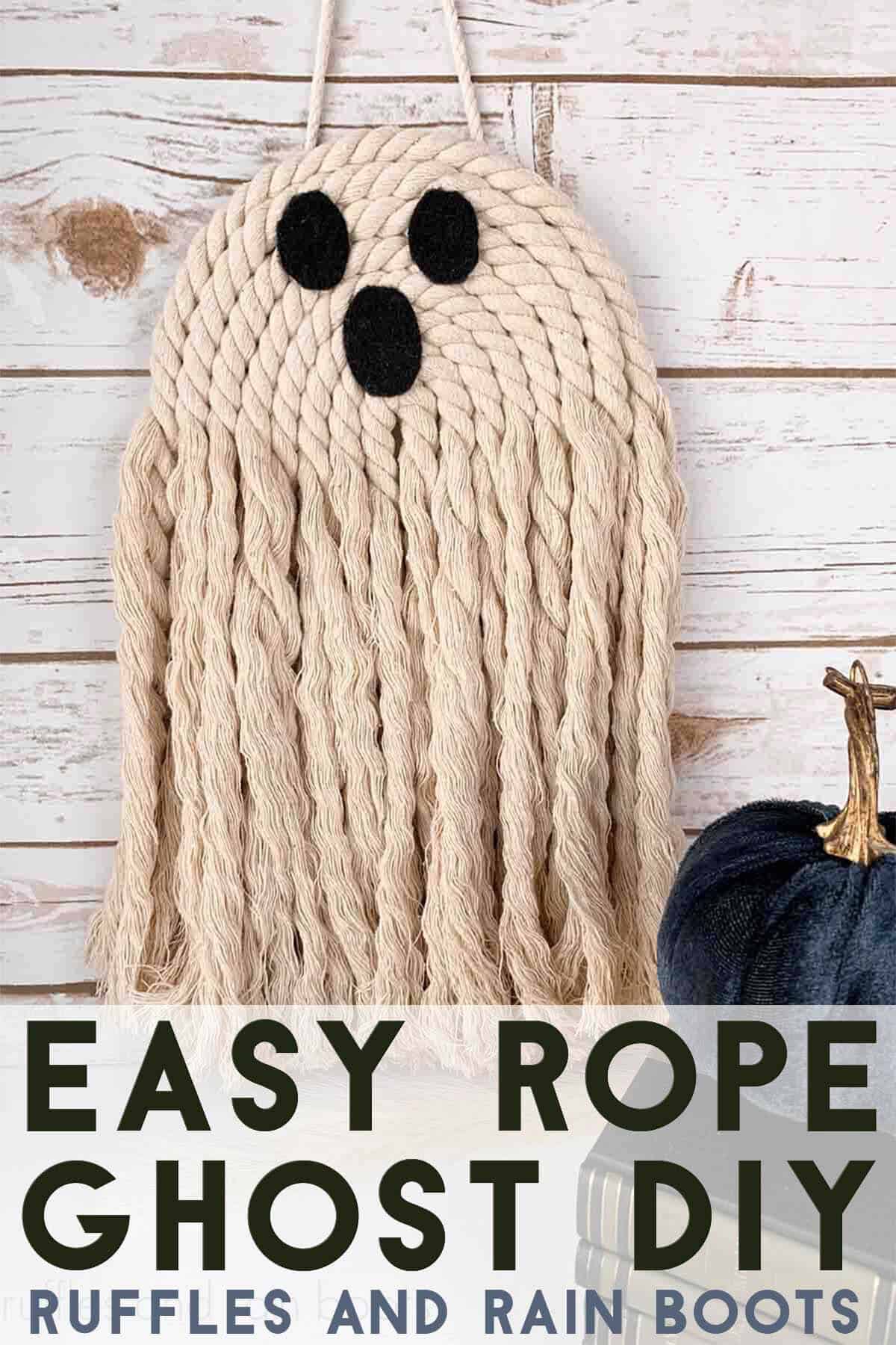 Macrame ghost wall hanging with text which reads easy rope ghost DIY.