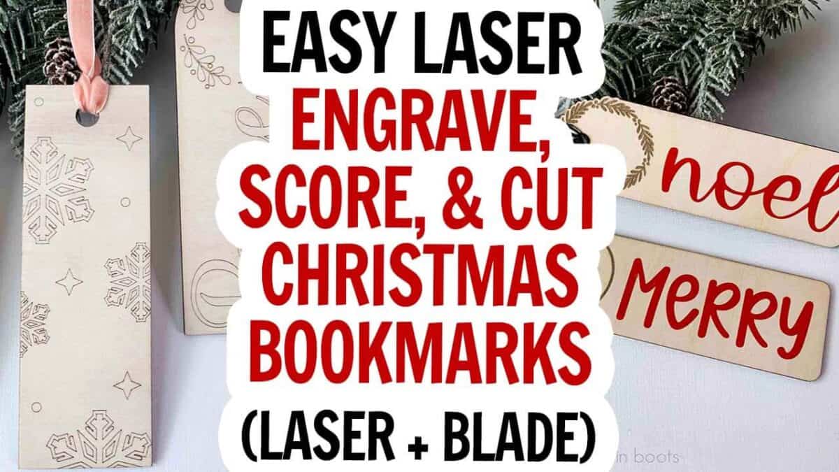 Horizontal thumbnail image of bookmarks on pine which reads easy laser engrave, score, and cut Christmas bookmarks (laser and blade).