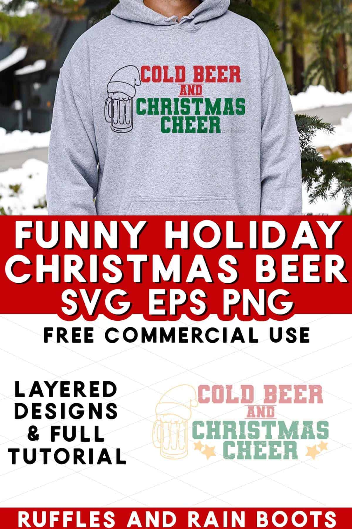 Vertical image showing man outside in the snow in a heather gray sweatshirt which reads cold beer and Christmas cheer.