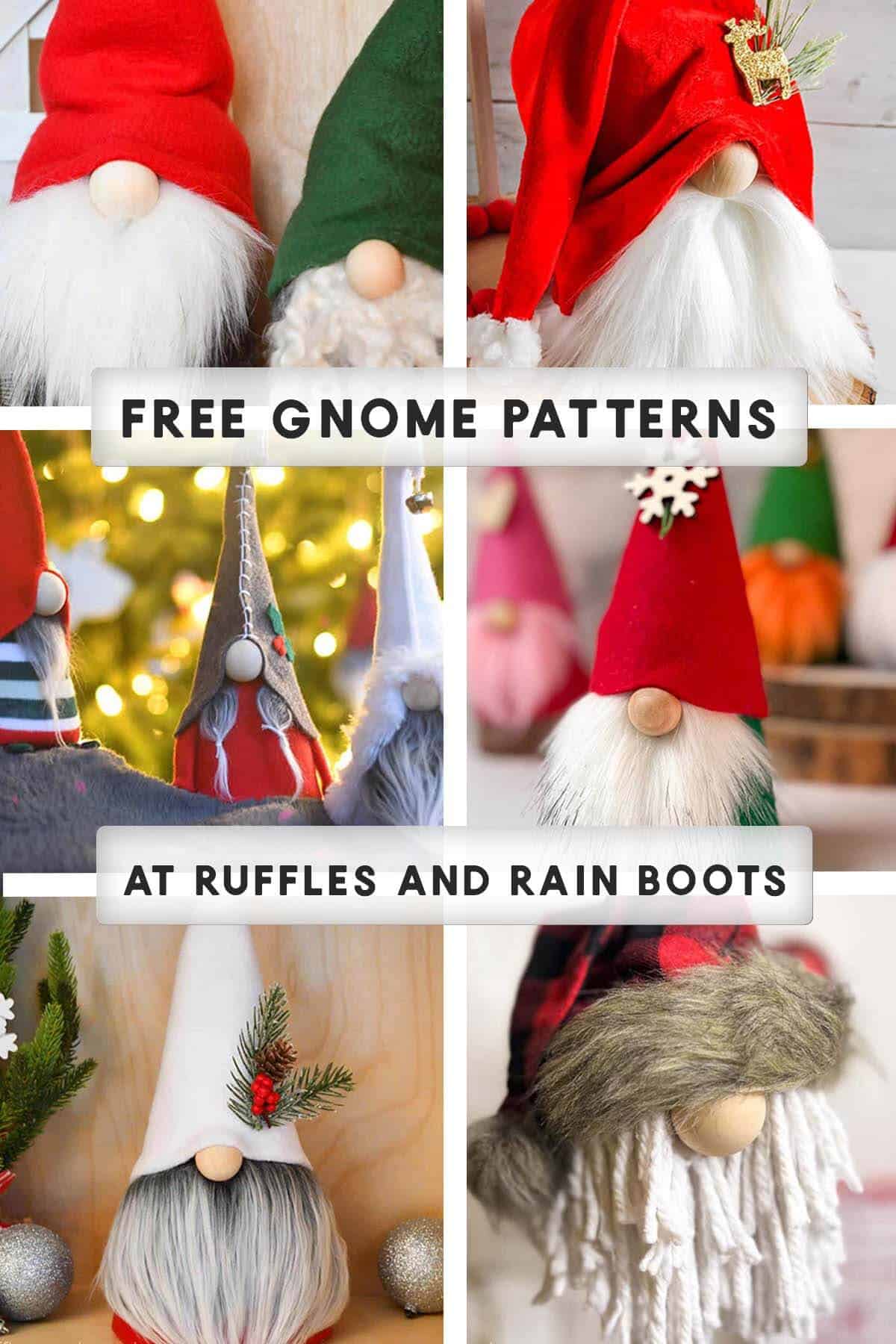 Six image vertical collage of holiday gnomes made with Ruffles and Rain Boots patterns with small text which reads free gnome patterns.