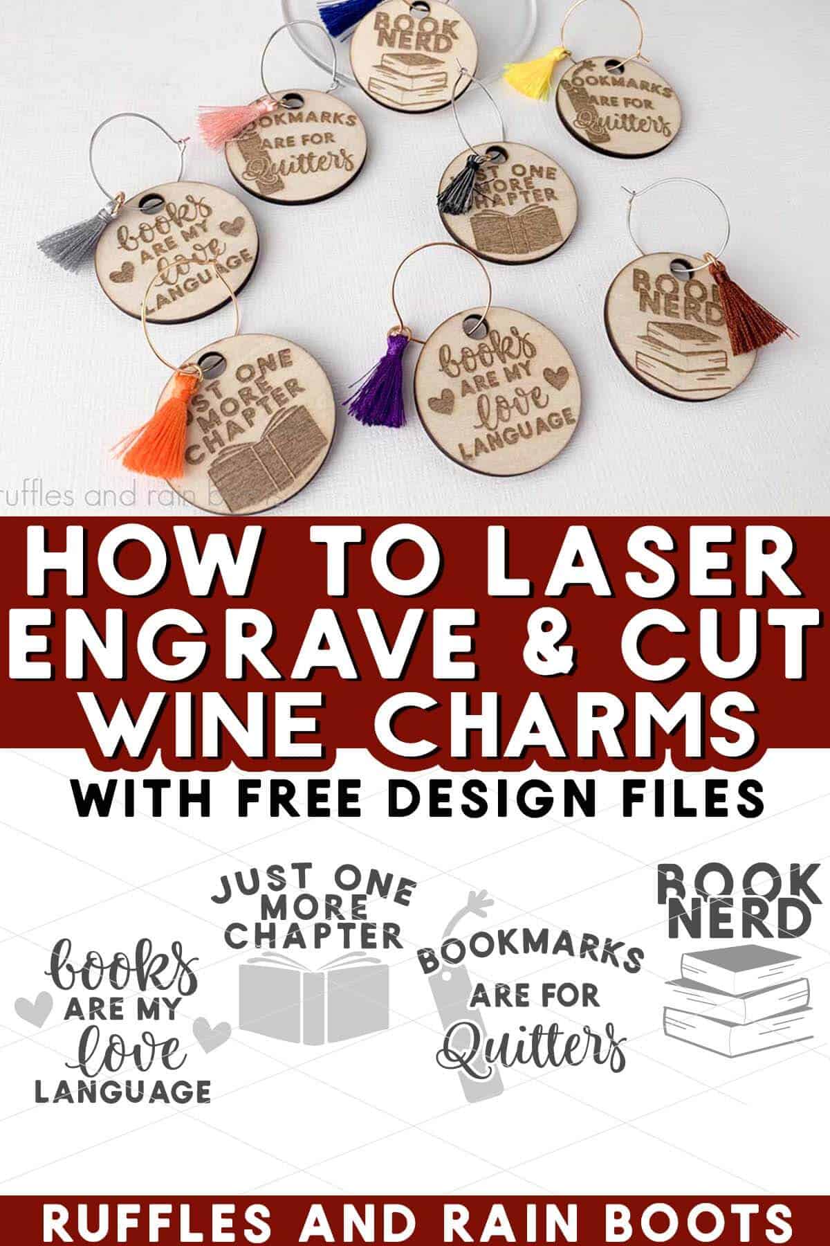 Split vertical image showing four free book club svg designs made into wood wine charms.