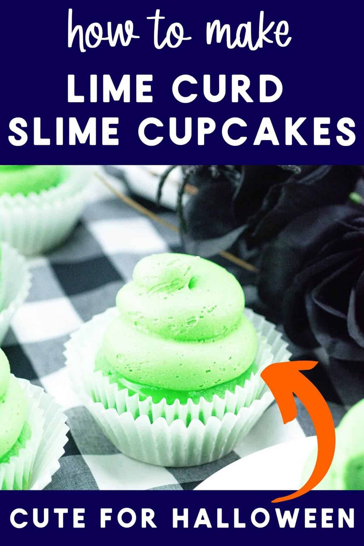 Vertical image of a green lime curd slime cupcake on a black and white buffalo napkin next to faux black roses.