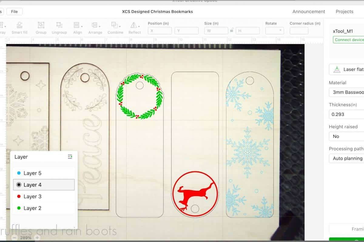 Image of the xTool M1 workspace showing all holiday bookmarks positioned for scoring, engraving, and cutting functions.