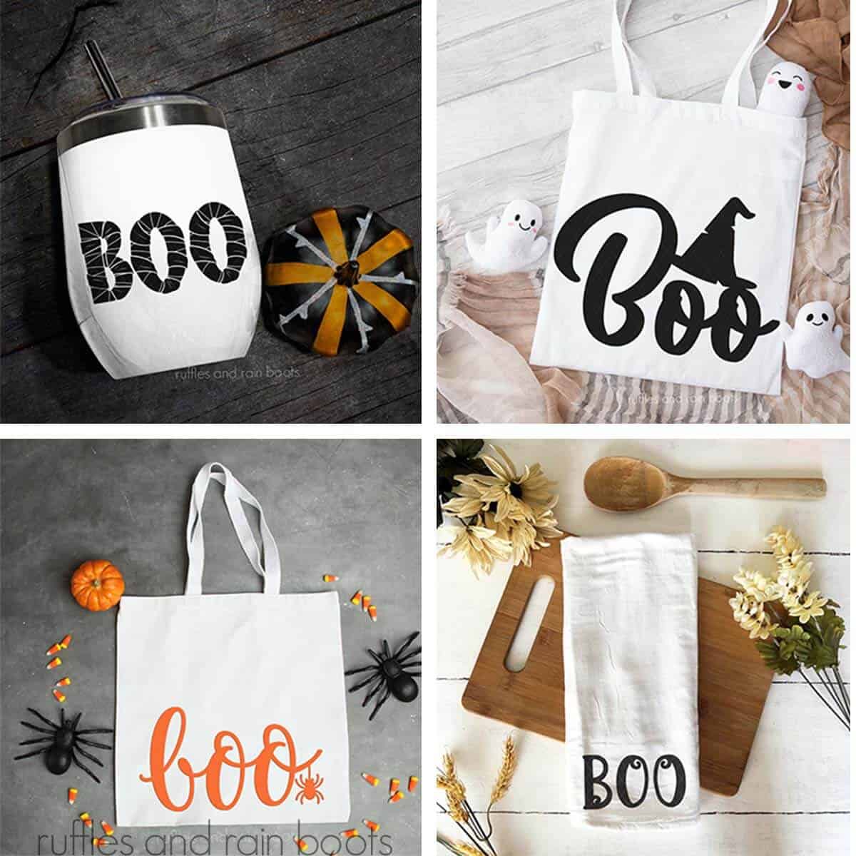 Four image square collage of free SVG boo files used on totes, towels, and a tumbler.