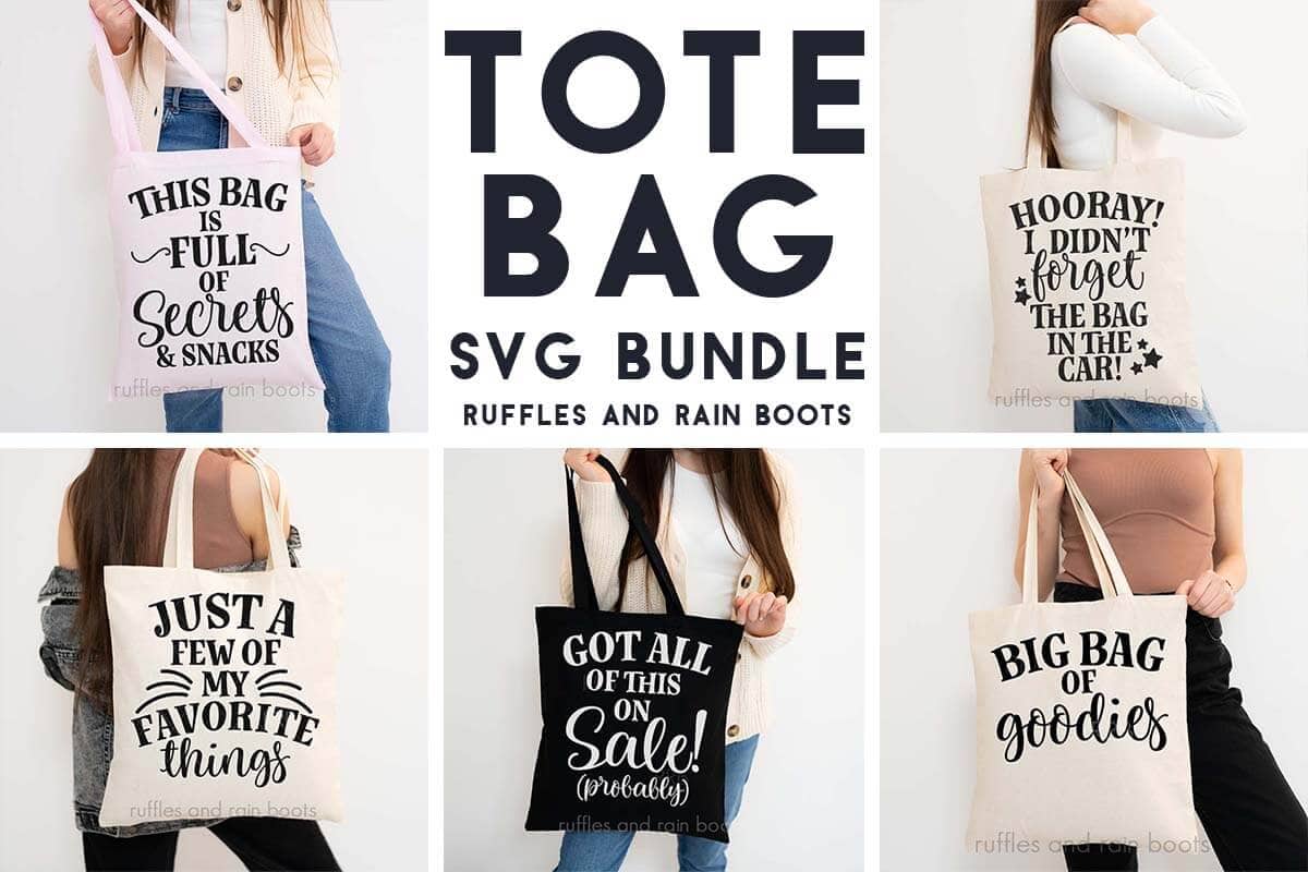 Horizontal five image collage of women carrying totes with designs with text which reads Tote Bag SVG bundle.