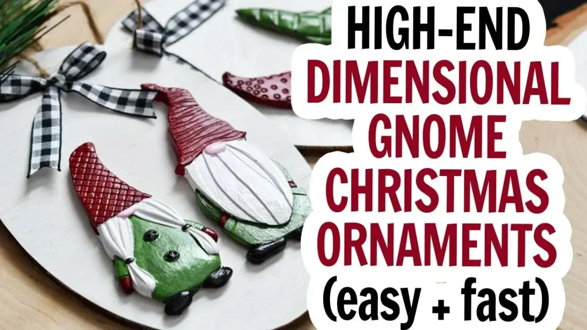 Horizontal image of 3D gnome ornaments on wood backing with buffalo check bow with text which reads high-end dimensional gnome Christmas ornaments.