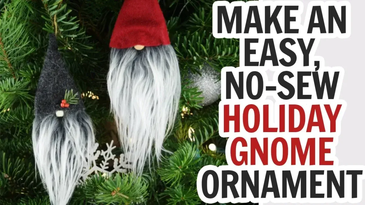 Horizontal image of Christmas gnome ornaments hanging on tree with text which reads make an easy, no sew holiday gnome ornament.