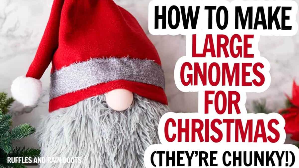 Horizontal image of red hat Santa with gray beard and pink nose with text which reads how to make large gnomes for Christmas.