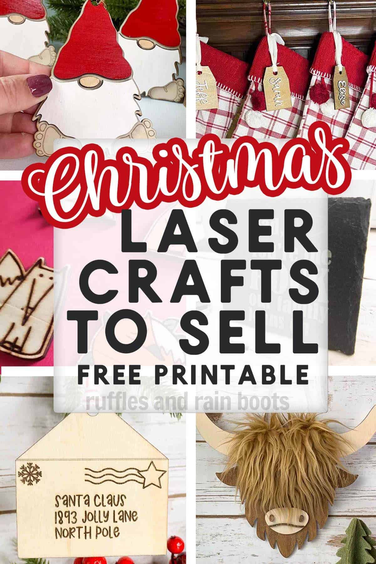 Vertical six image collage of holiday DIYs with text which reads Christmas crafts to sell free printable.