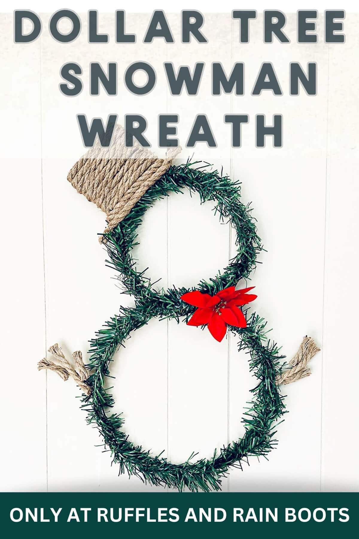 A rustic snowman wreath from the Dollar Tree against a white wooden background.
