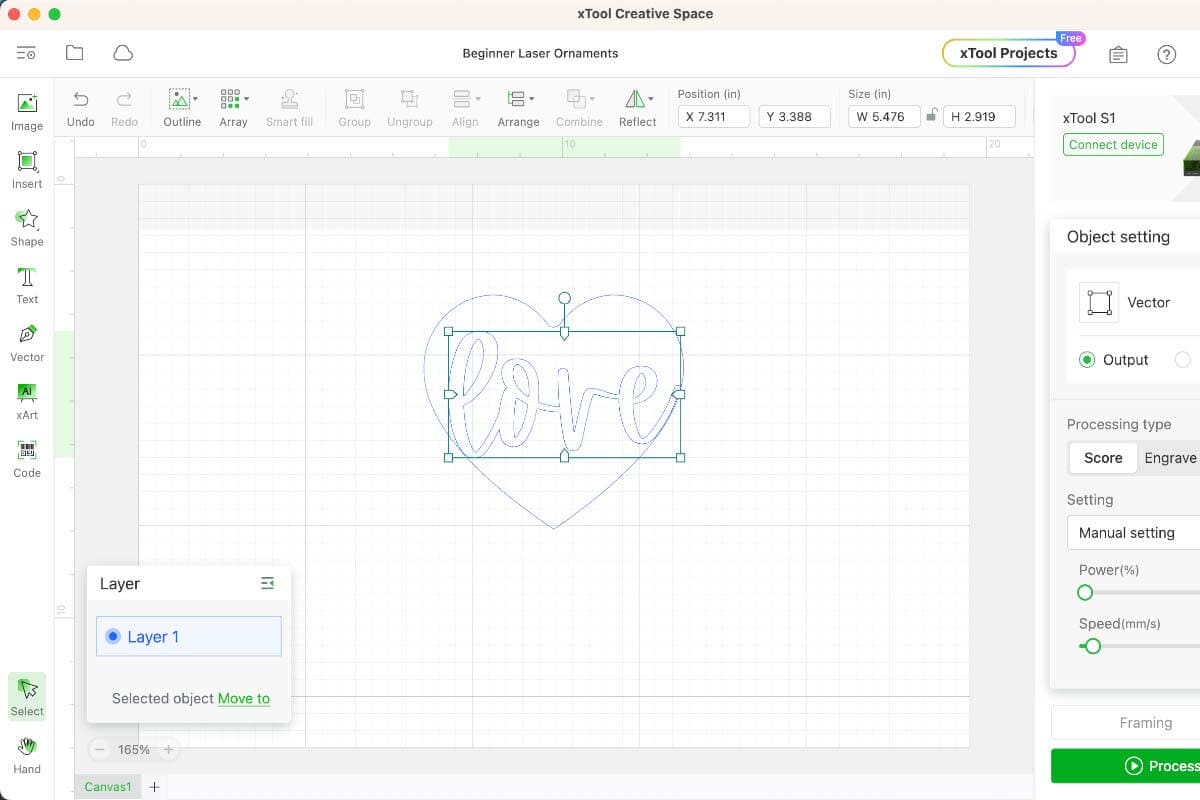 Horizontal image of heart and love word in software showing how easy it is to learn how to design in XCS.