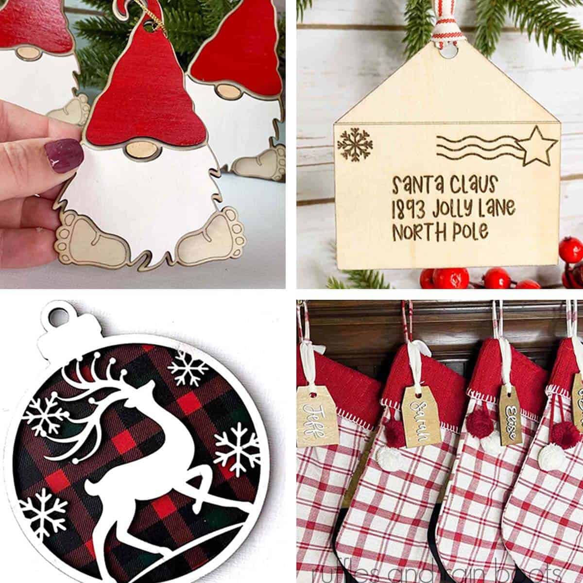 Four image square collage of ornaments, tags, and other laser Christmas craft ideas.