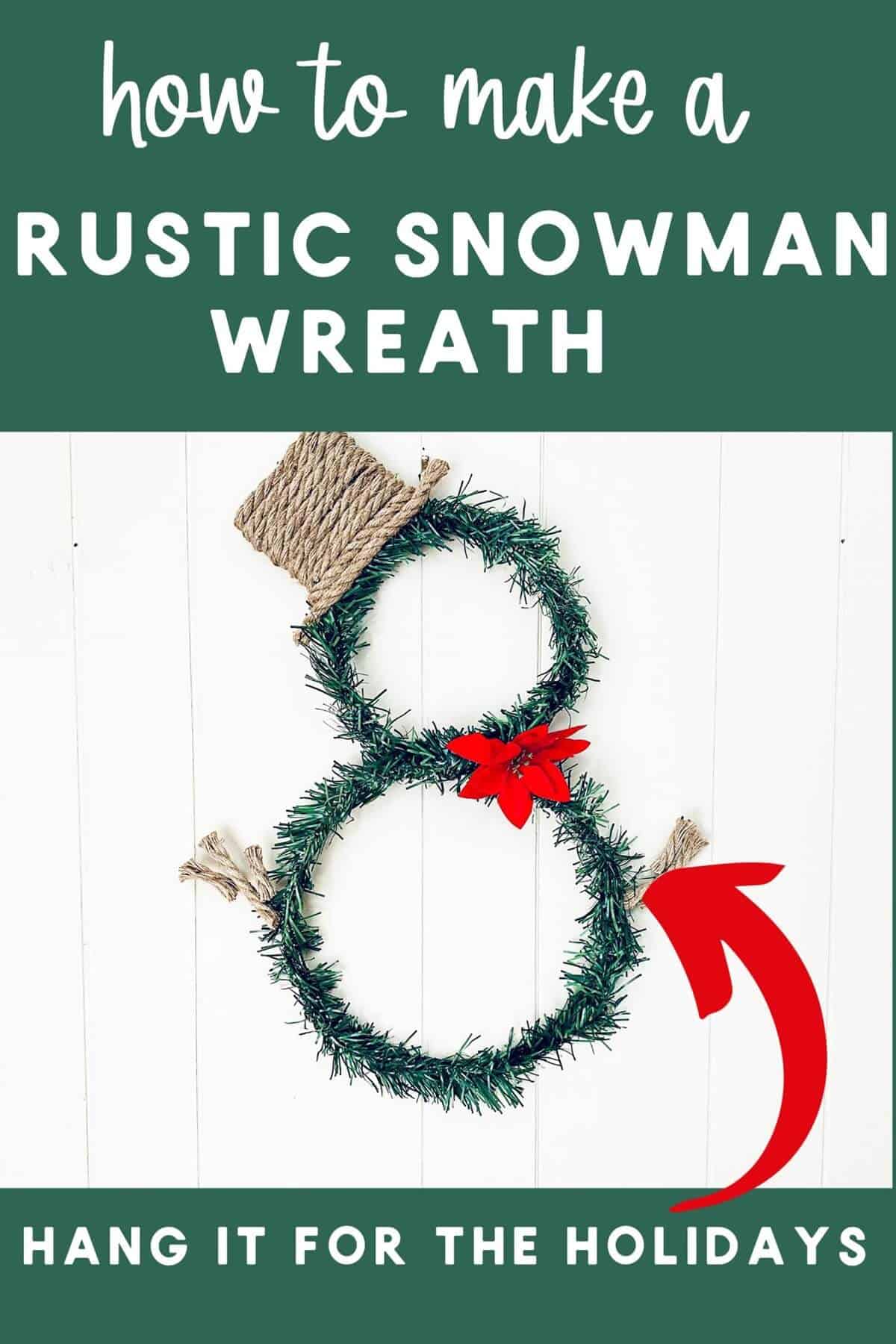 A completed Dollar Tree rustic snowman wreath against a white background.