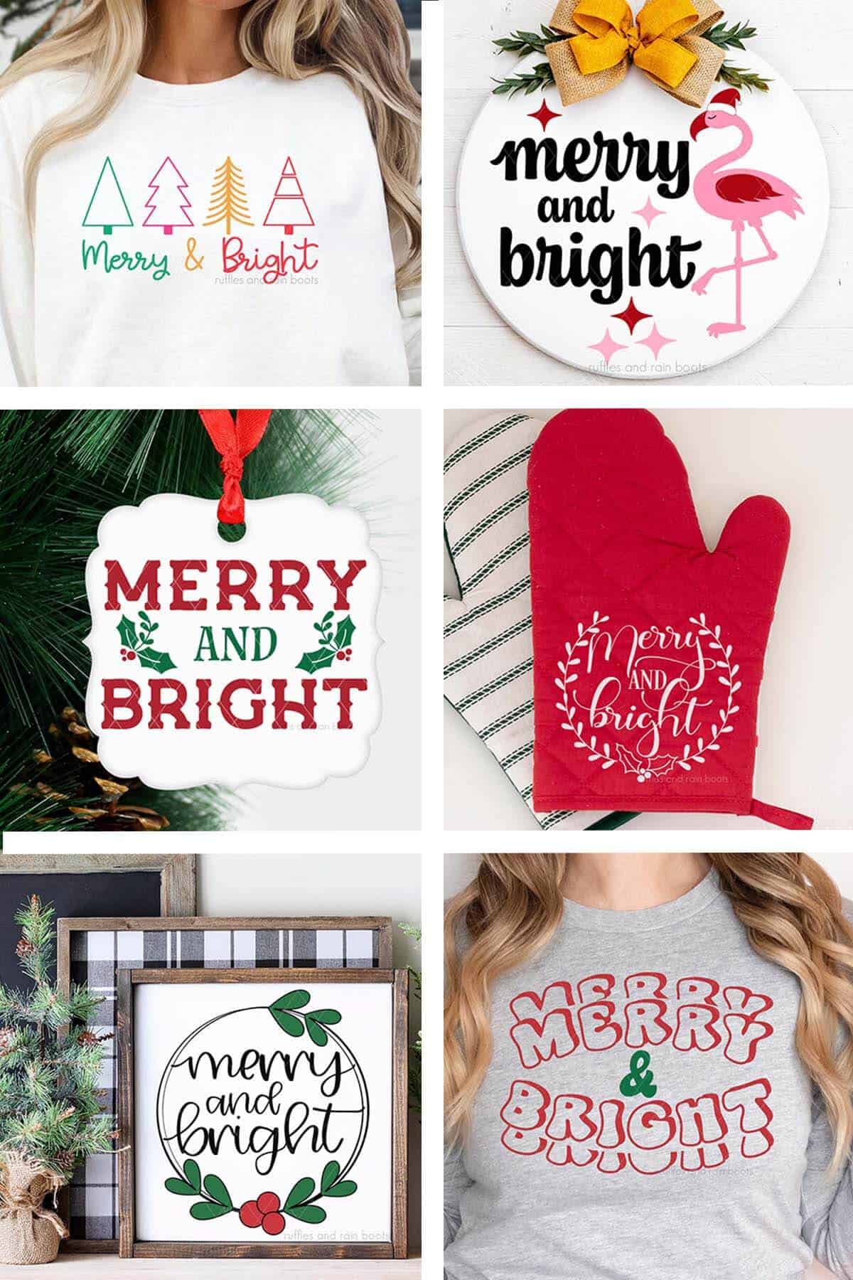 Vertical six image collage of holiday Cricut Christmas gift ideas made with the free Merry and Bright SVG designs from Ruffles and Rain Boots.