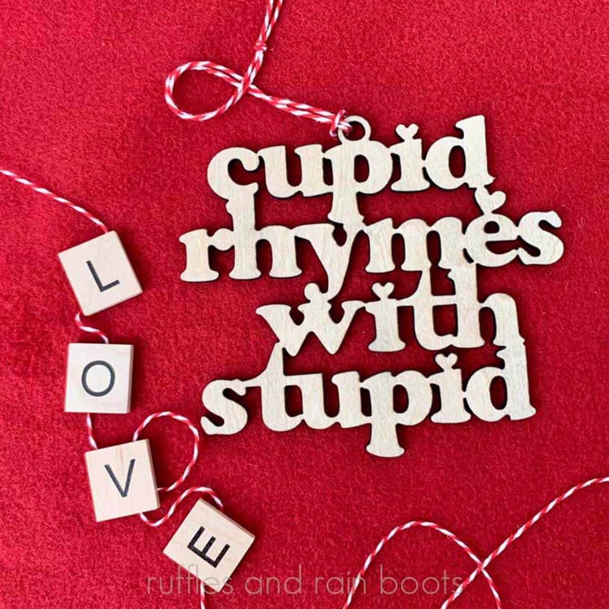 Square close up image of a wood ornament which reads Cupid rhymes with stupid on a red background with twine and Scrabble letters.