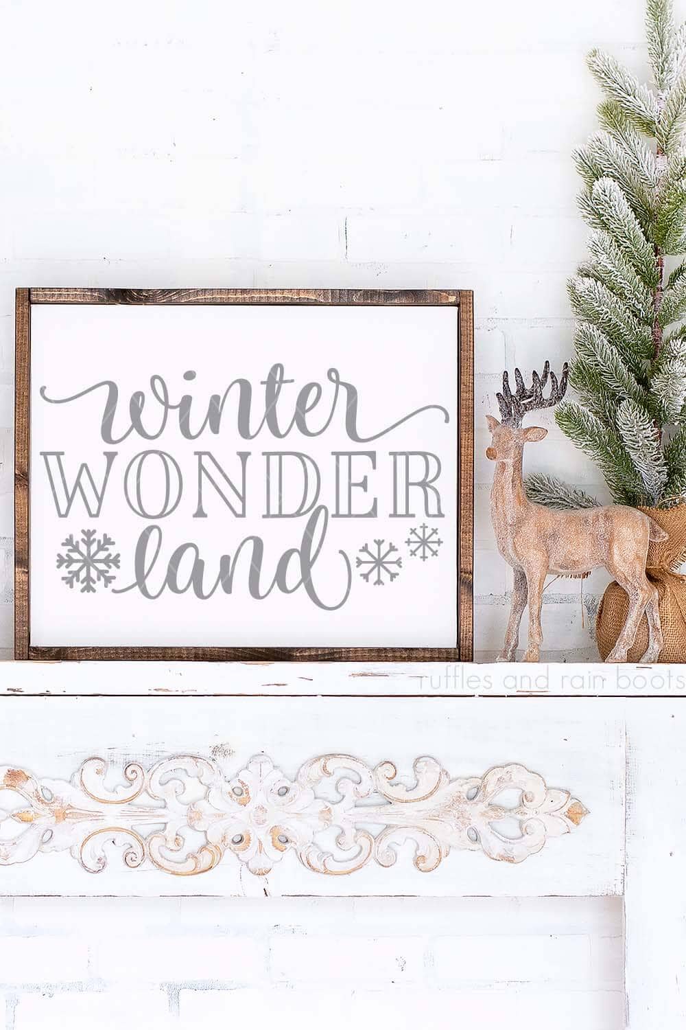 Vertical image of a framed sign on a holiday mantel which reads winter Wonder land.